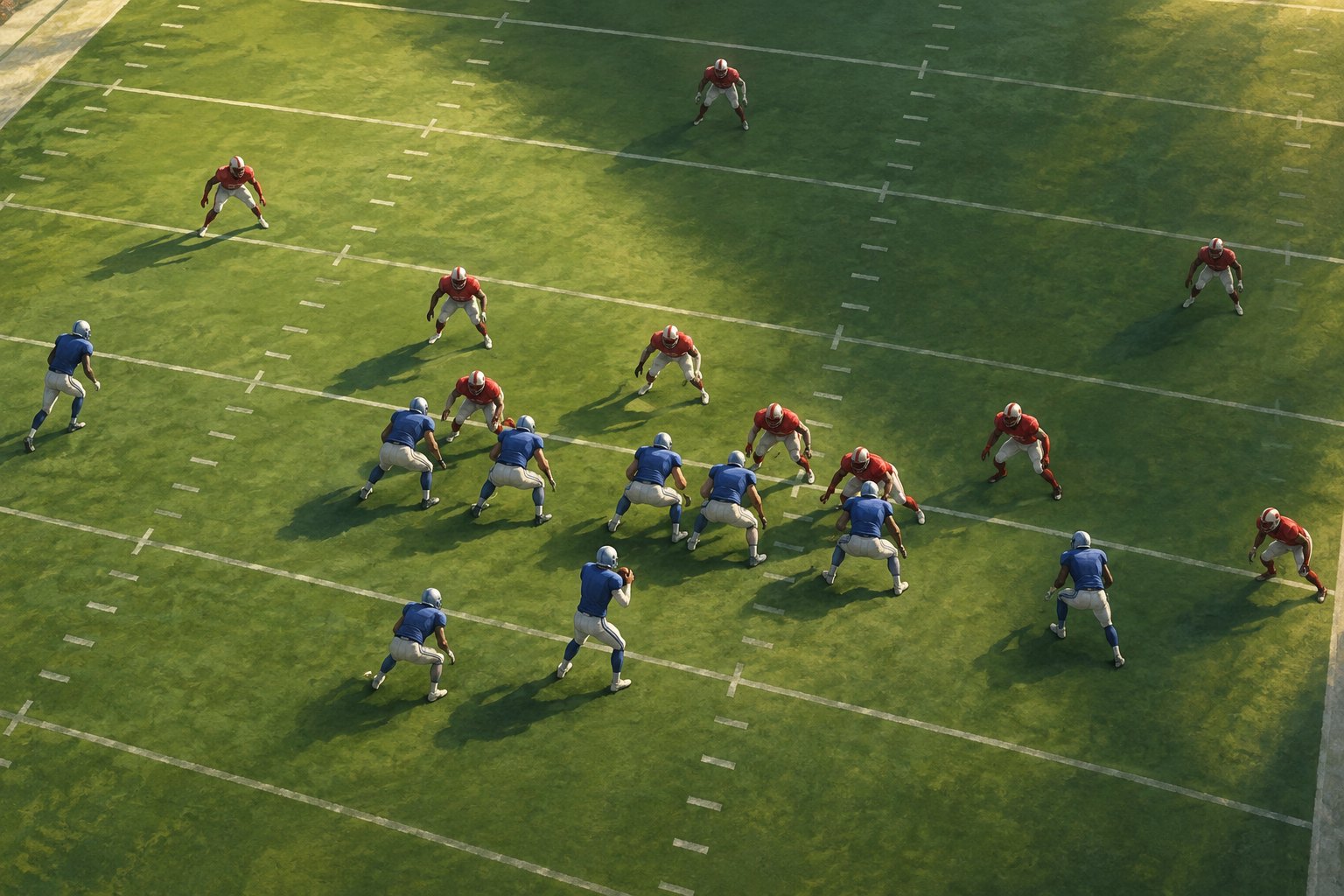 Conceptual overhead illustration of football players in red and blue showing formation spacing on a green field.