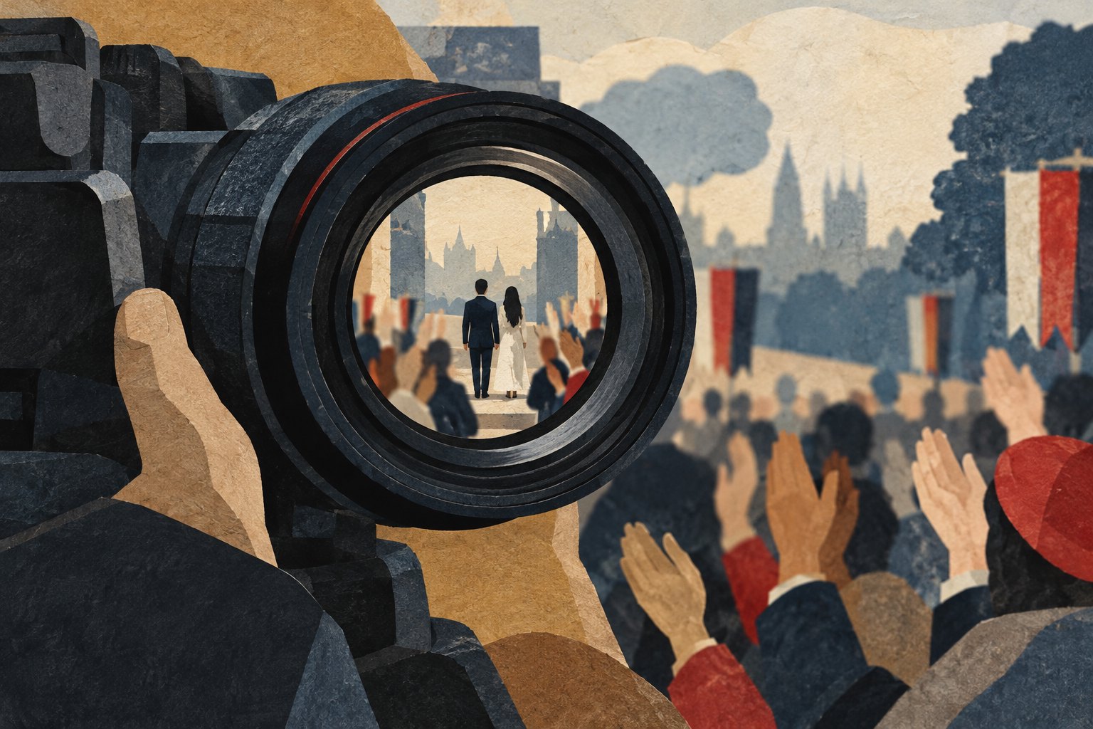 Conceptual illustration of a camera lens framing two distant figures amid an applauding crowd.