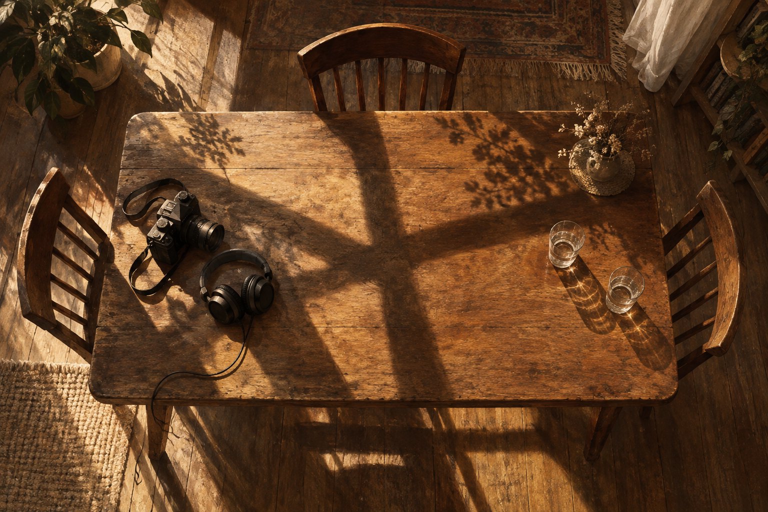 Conceptual overhead illustration of a wooden table with three empty chairs, a camera, headphones, and two drinking glasses.