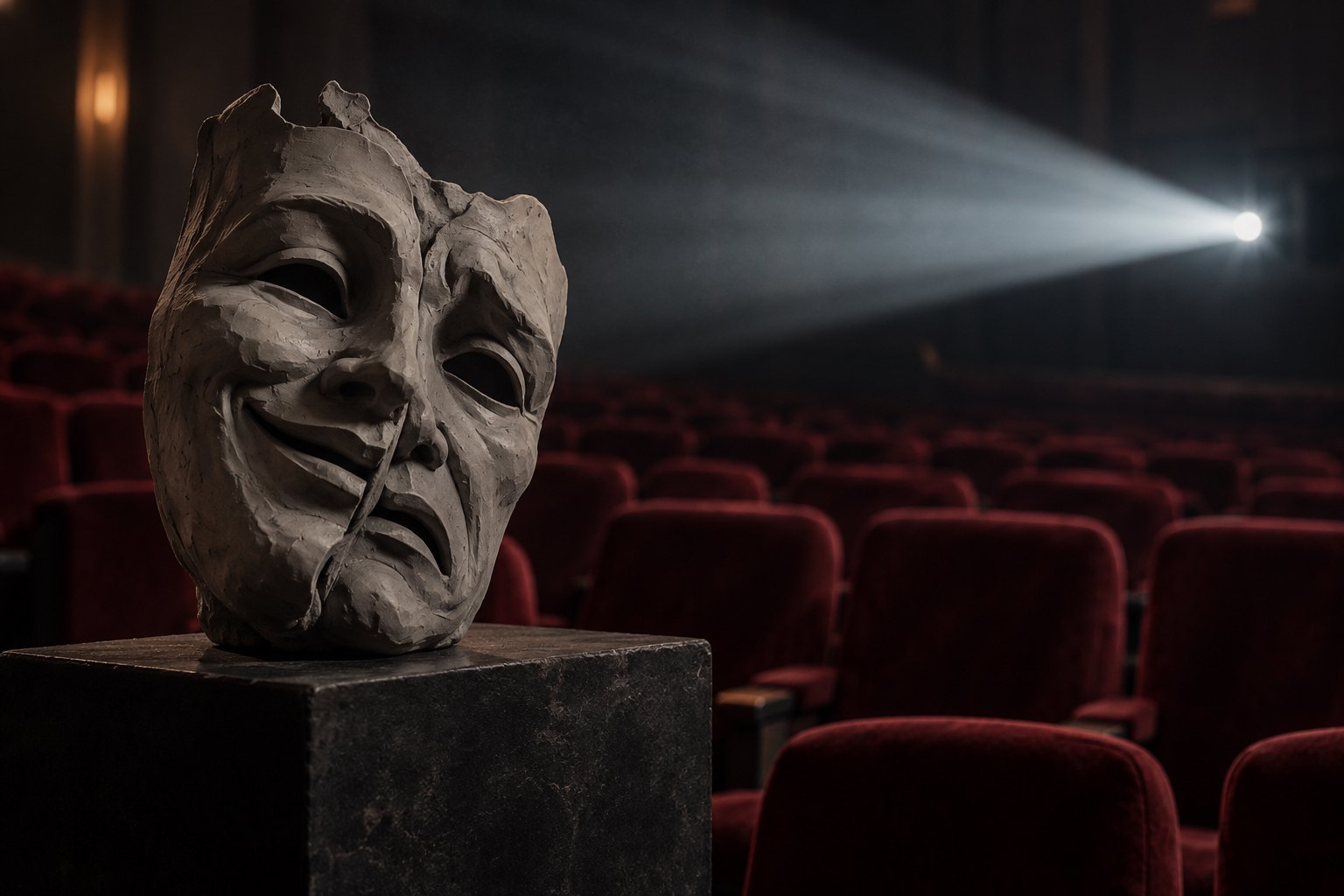 A gray clay theatrical face displayed in a dark cinema with red seats and a beam of projection light.