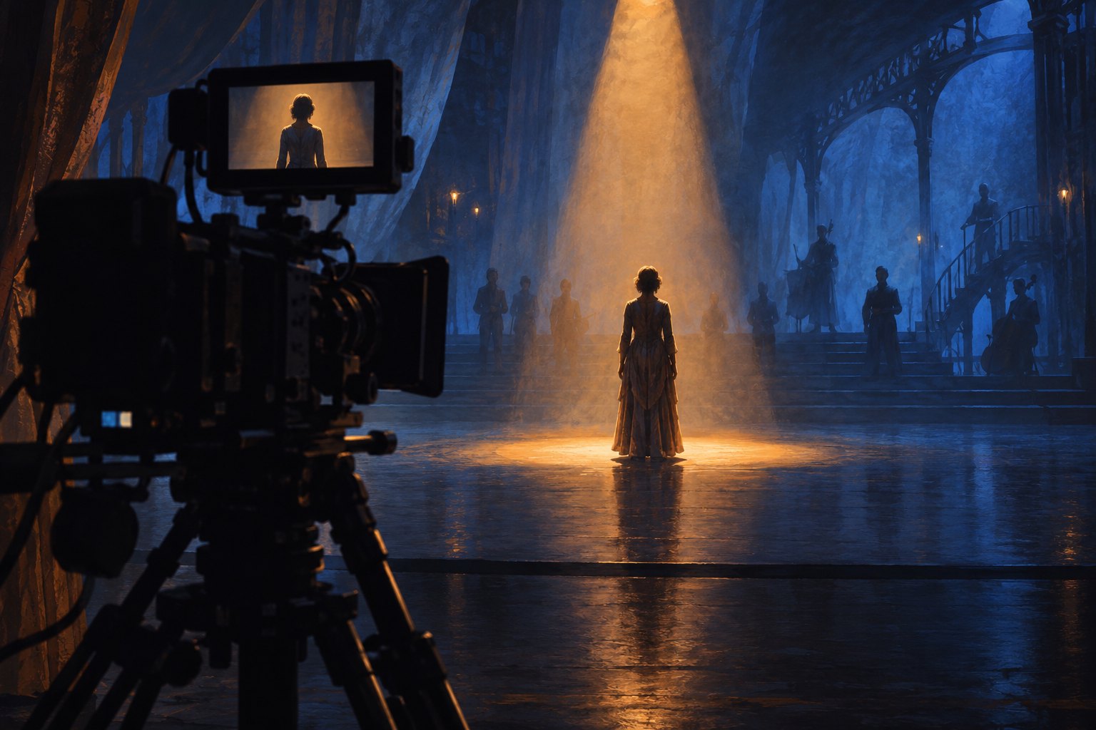 Conceptual illustration of a cinema camera framing a solitary stage performer in amber light, with an ensemble in the blue background.