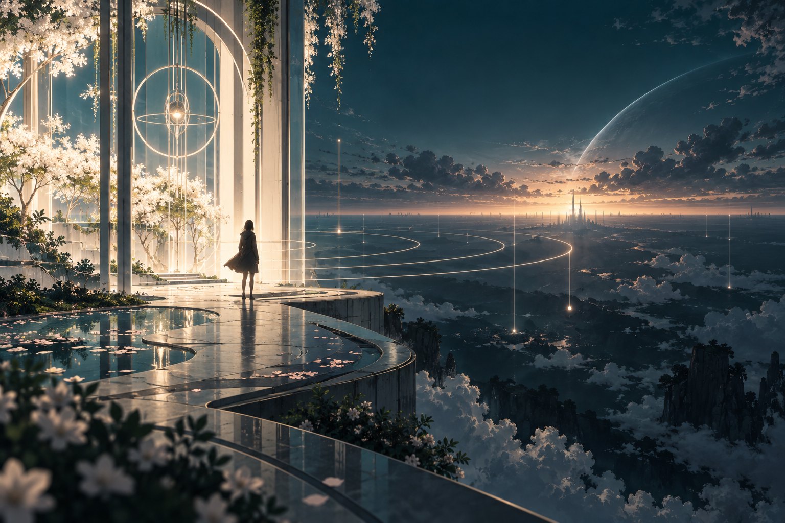 Conceptual illustration of a solitary figure beside a luminous garden overlooking a vast futuristic landscape.