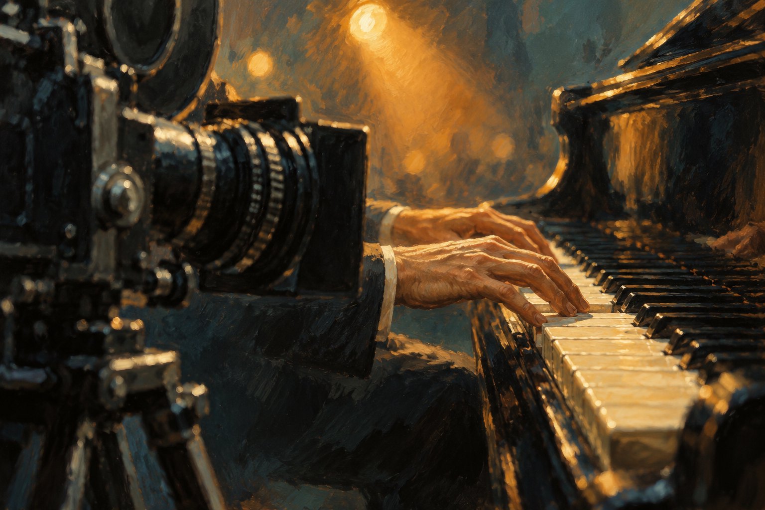 Conceptual painting of a movie camera beside a pianist’s hands on warmly illuminated piano keys.