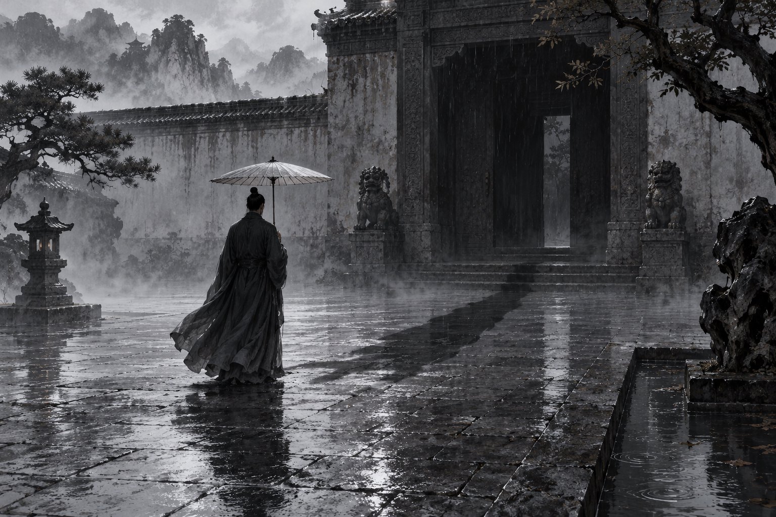 水墨风主题插画:黑衣男子撑伞立于雨中古院,地面长影伸向幽暗门洞