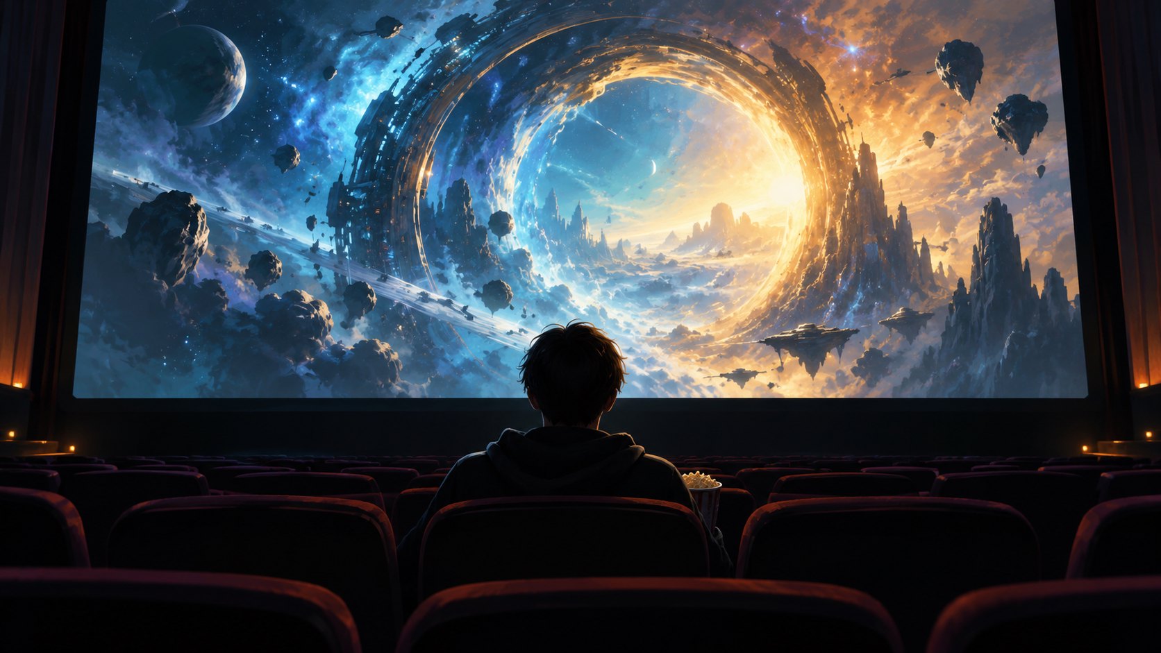 觀眾坐在影廳中凝望銀幕上的藍金色宇宙光環，呈現期待電影的原創概念插畫，非官方劇照