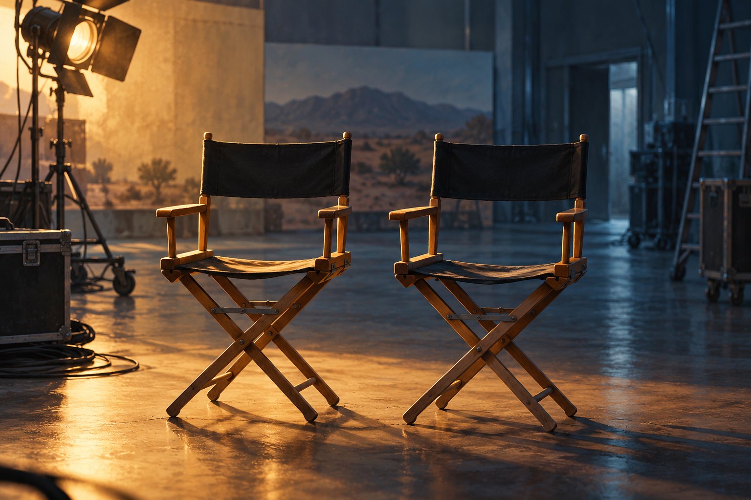Conceptual illustration of two empty canvas actor chairs in warm light on a quiet television soundstage.