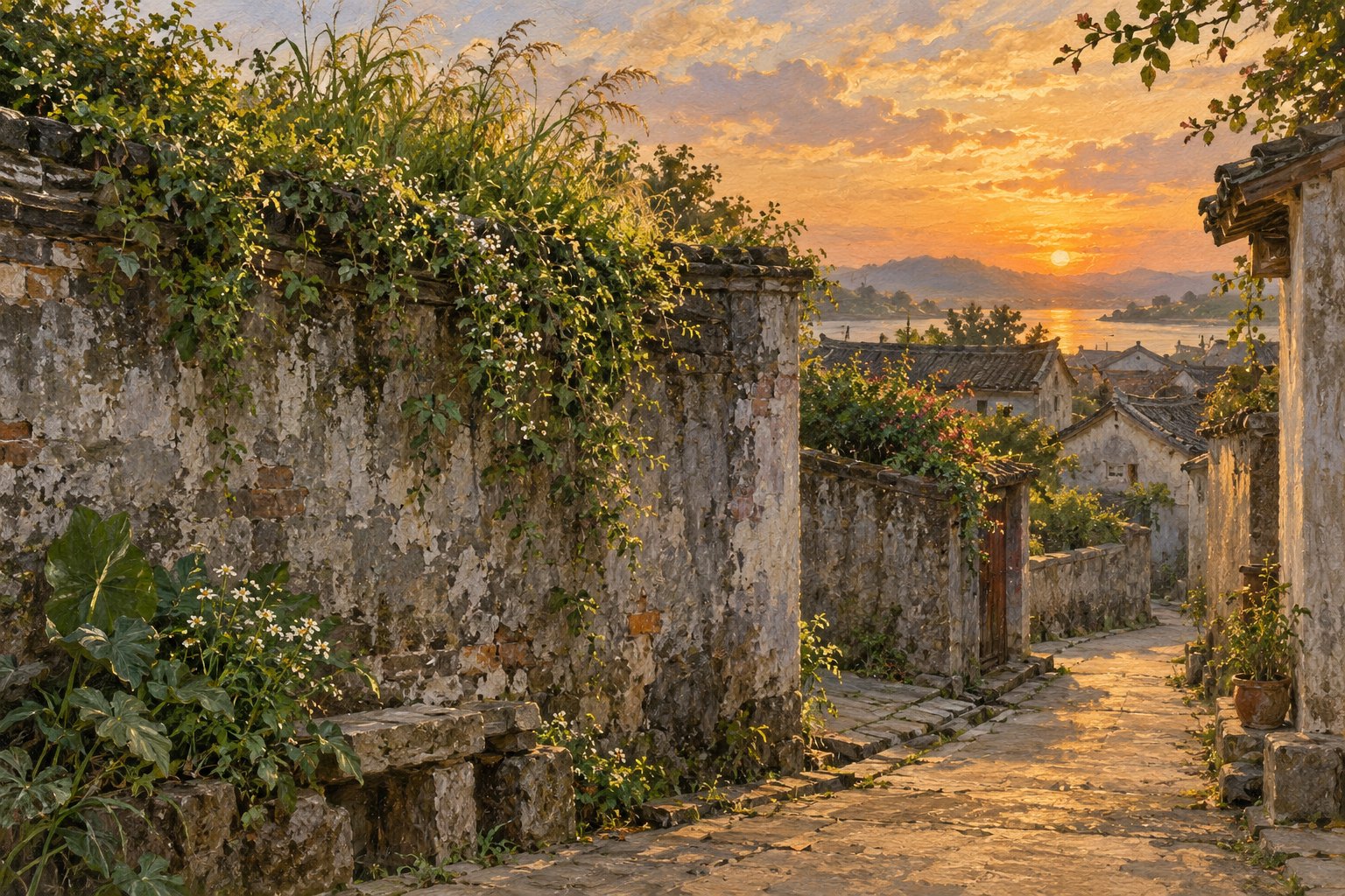 夕阳下的旧砖围墙、墙头野草与乡间小路，乡土意象插画，非影片剧照