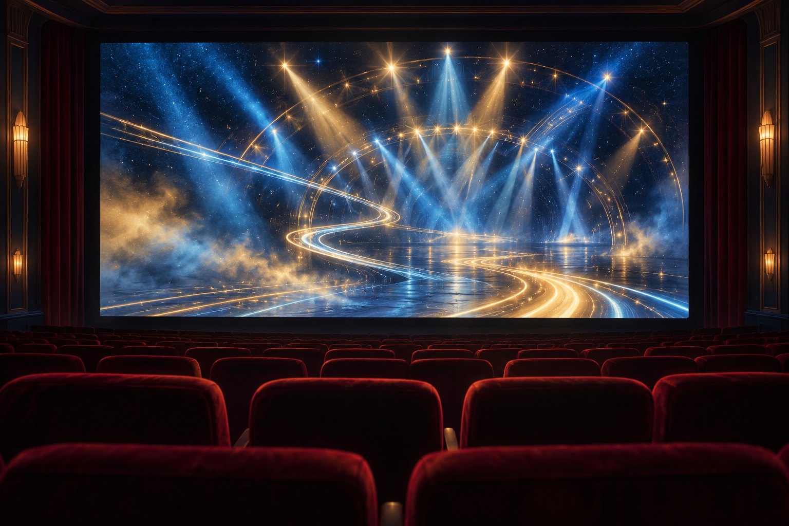Conceptual illustration of a movie theater with burgundy seats facing a screen filled with blue and gold theatrical lights.