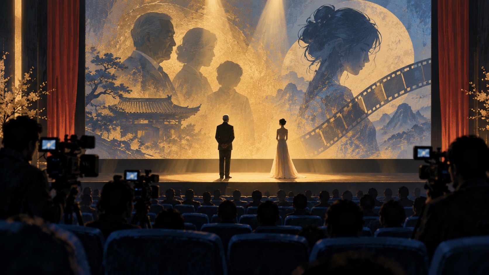 概念插畫:兩名不同世代的成人剪影站在首映舞台燈光下,前景可見觀眾席與攝影機,非活動實景