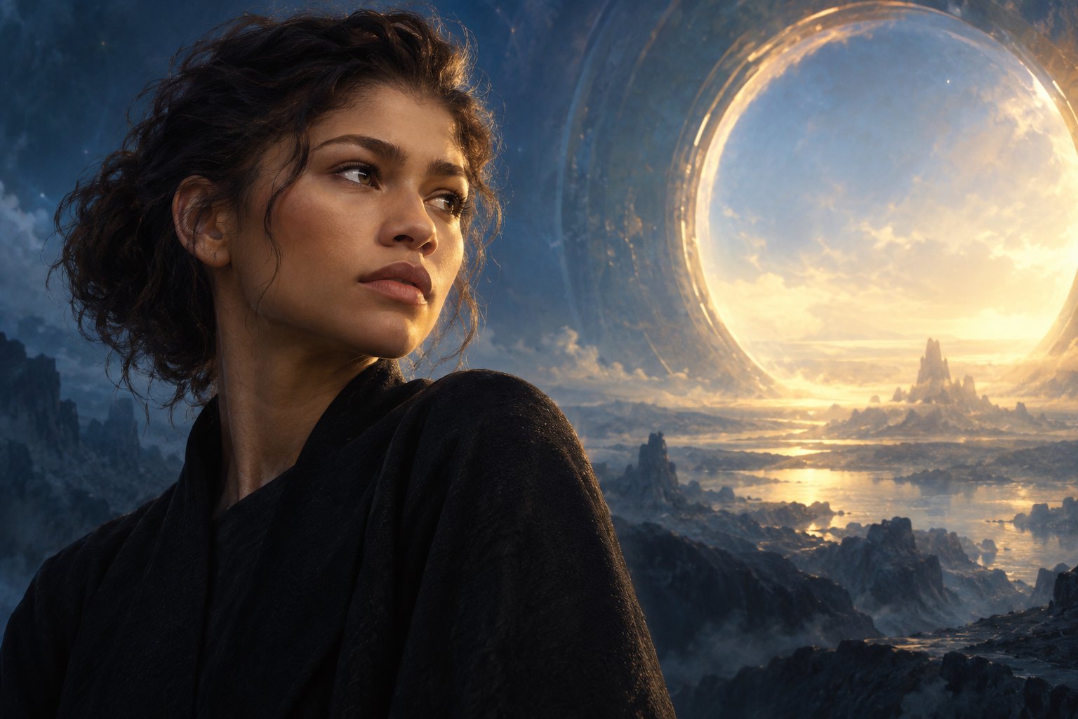 Conceptual illustration of Zendaya beside a glowing circular opening above an imagined rocky landscape, not a scene from the film.