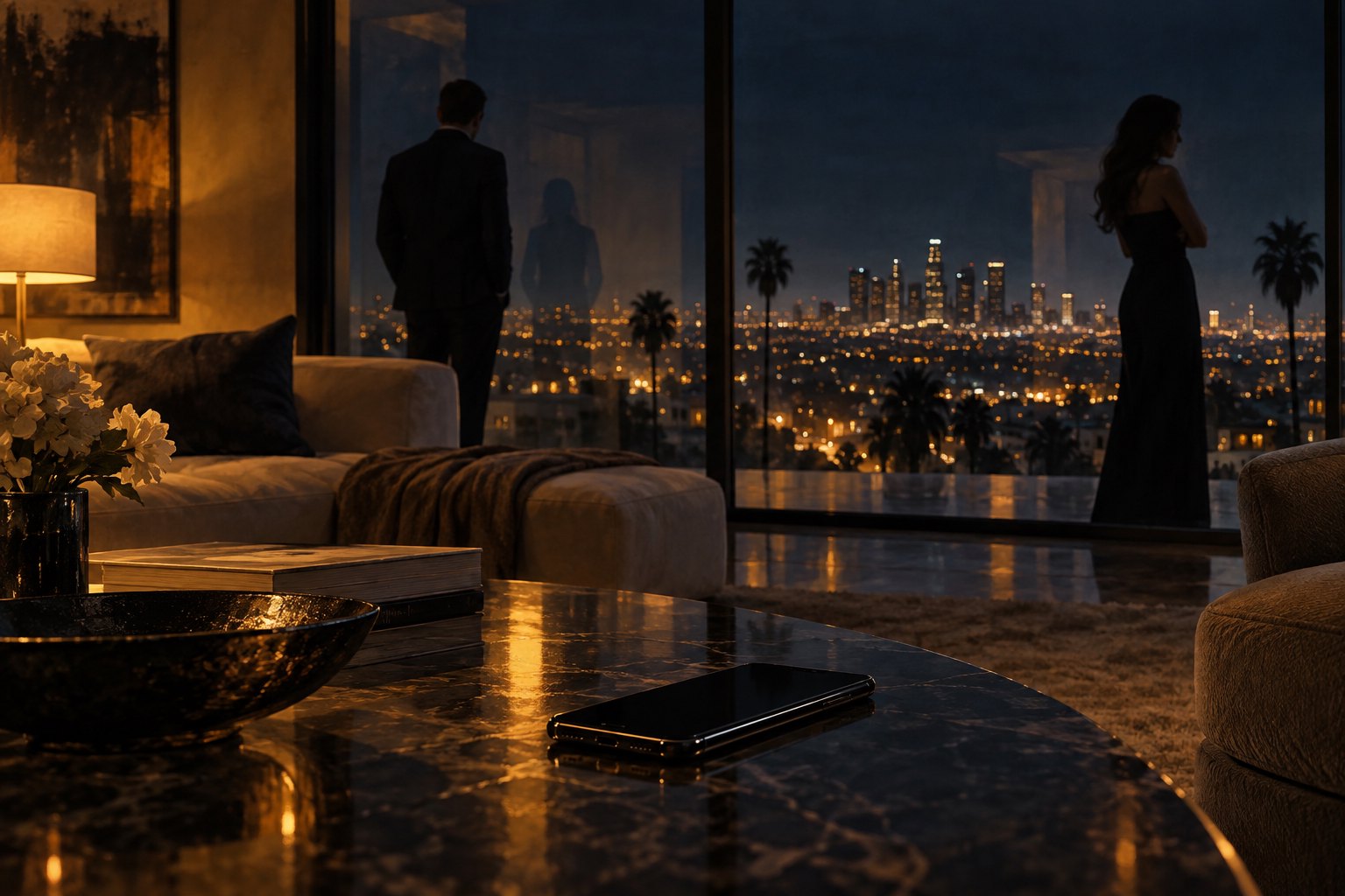 Conceptual illustration of a phone on a polished table and two separated figures overlooking Los Angeles at night.
