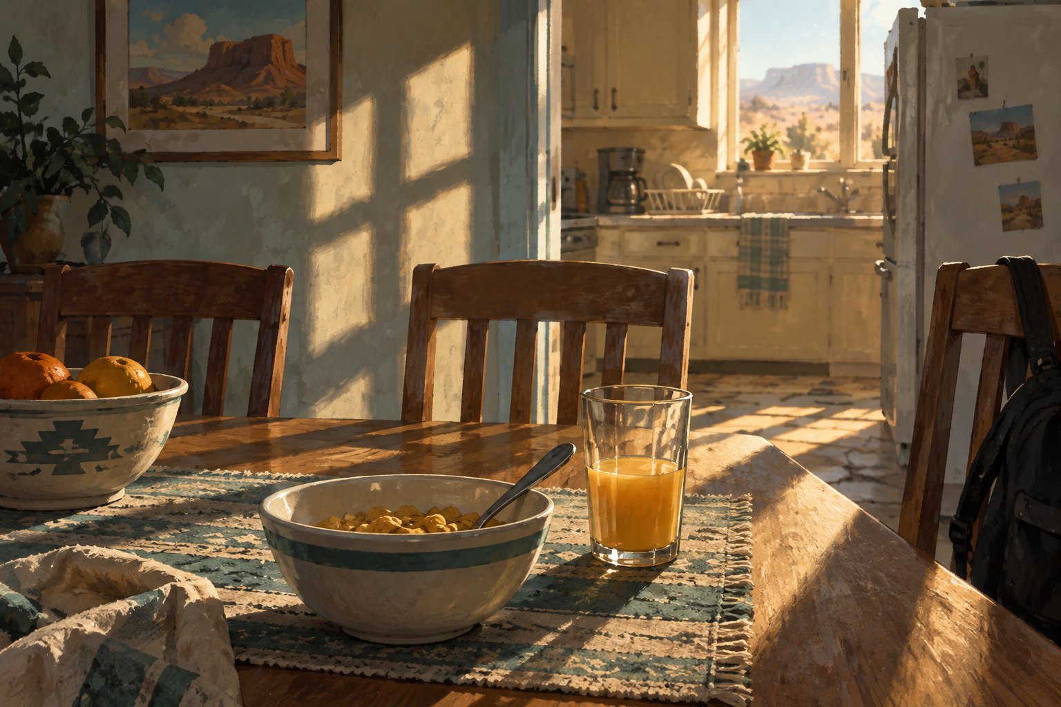 Painterly illustration of a cereal bowl and juice glass on a family breakfast table crossed by long morning shadows.
