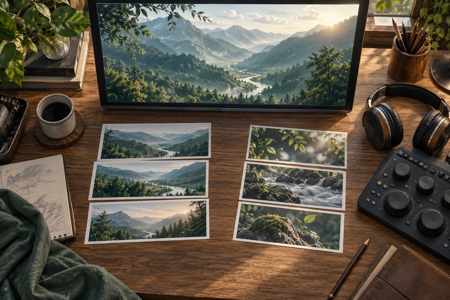 概念插画:剪辑工作桌上的山谷影像、远近景分镜卡片与调色设备