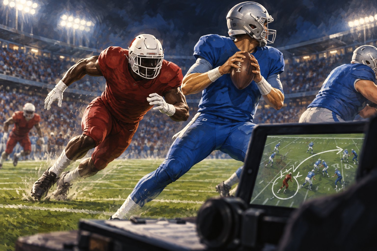 Conceptual illustration of a defender in red rushing toward a quarterback in blue under stadium lights.