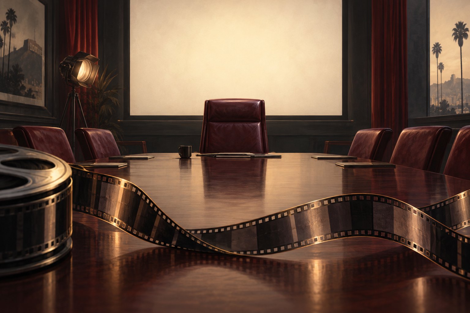 Conceptual illustration of an empty executive chair at a conference table with a filmstrip in the foreground.