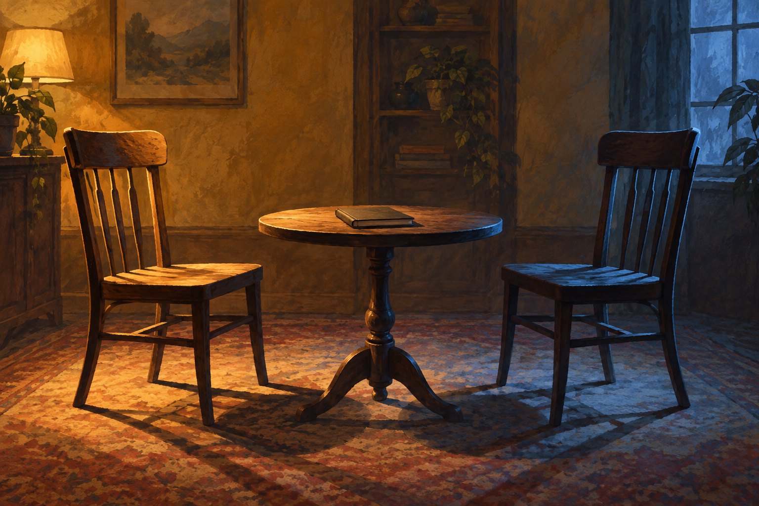 Conceptual illustration of two empty chairs facing a notebook on a round table, divided between warm and cool light.