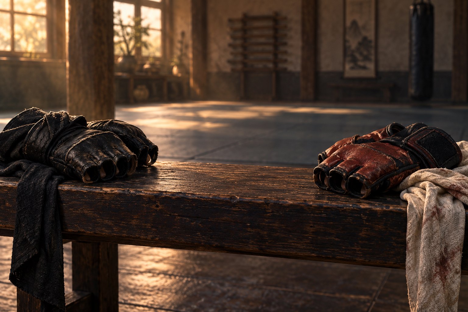 Two pairs of worn training gloves rest apart on a wooden bench in a sunlit martial arts practice room.