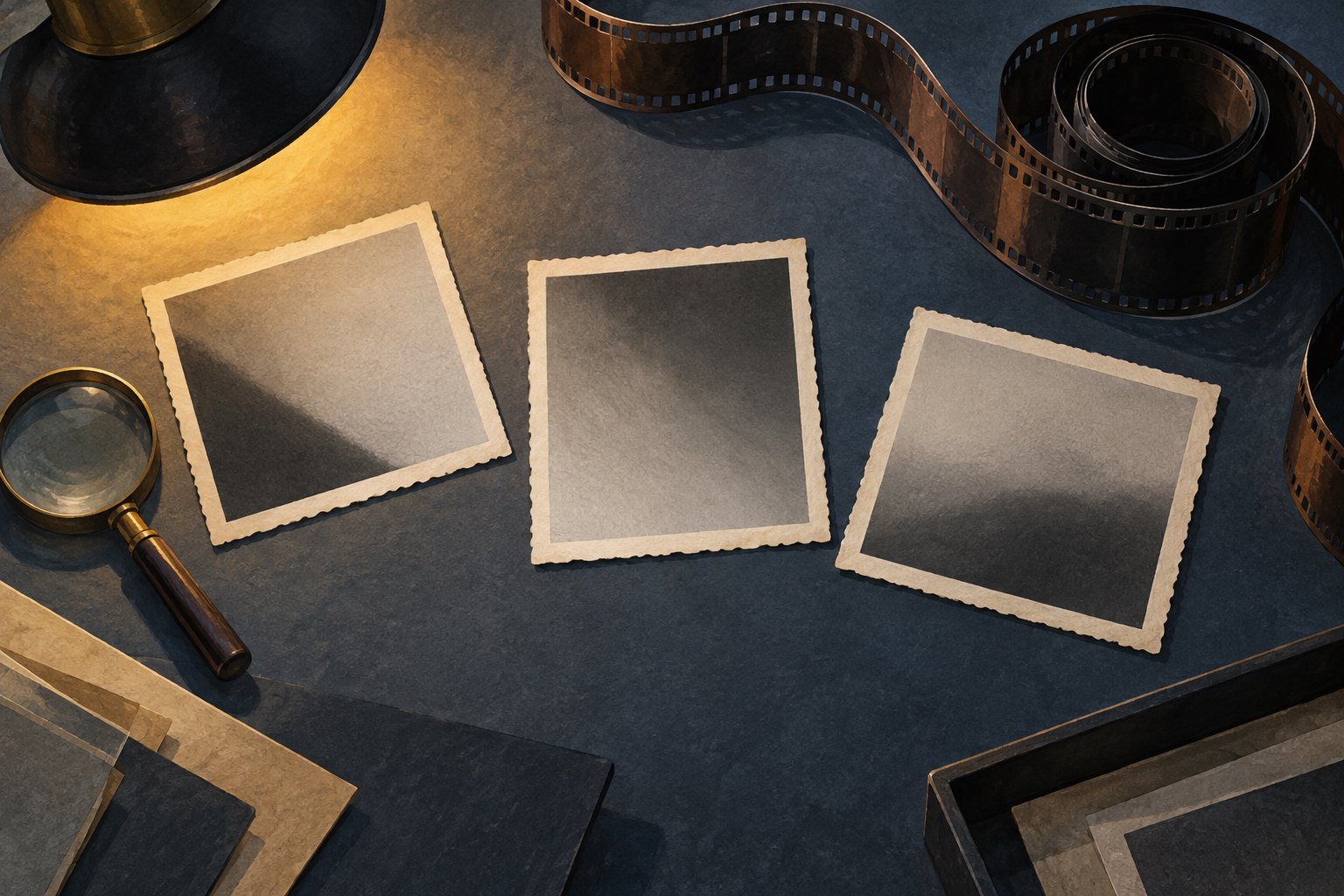 Conceptual illustration of blank photographic frames, a film strip, and a magnifying glass on an editing desk.