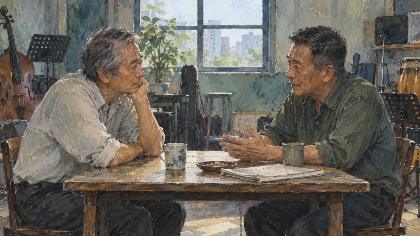 兩名虛構人物隔桌交談，一人傾聽、一人以手勢表達的概念插畫，非演員肖像或電影劇照