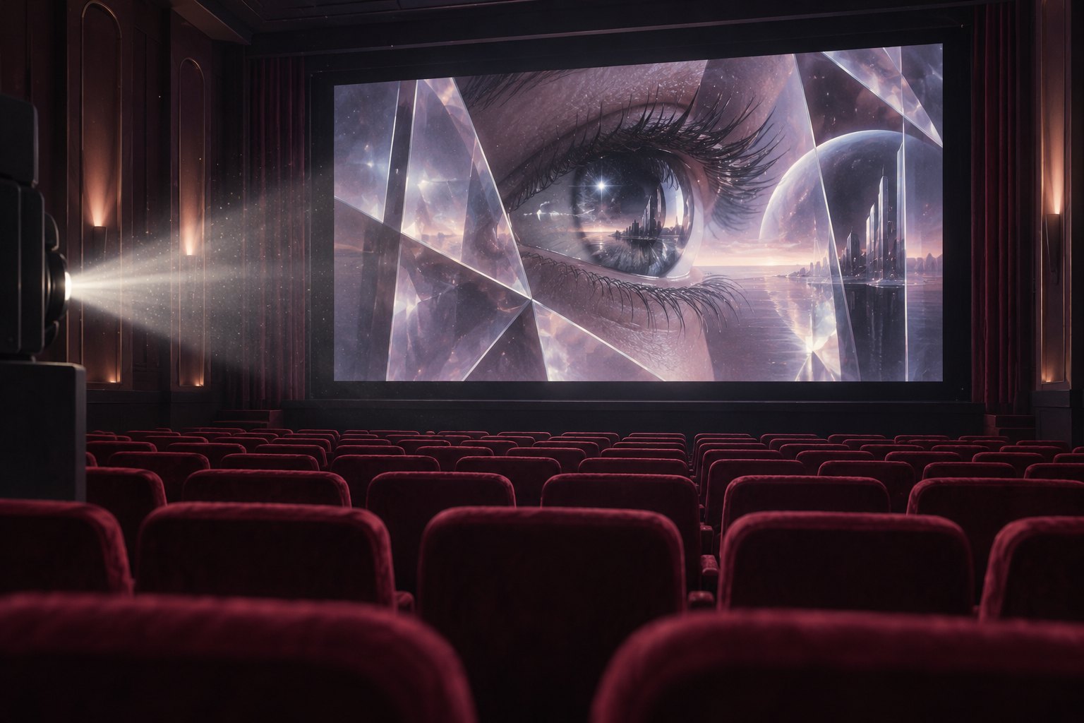 Conceptual illustration of an empty movie theater displaying a human eye surrounded by fractured glass and imagined worlds.