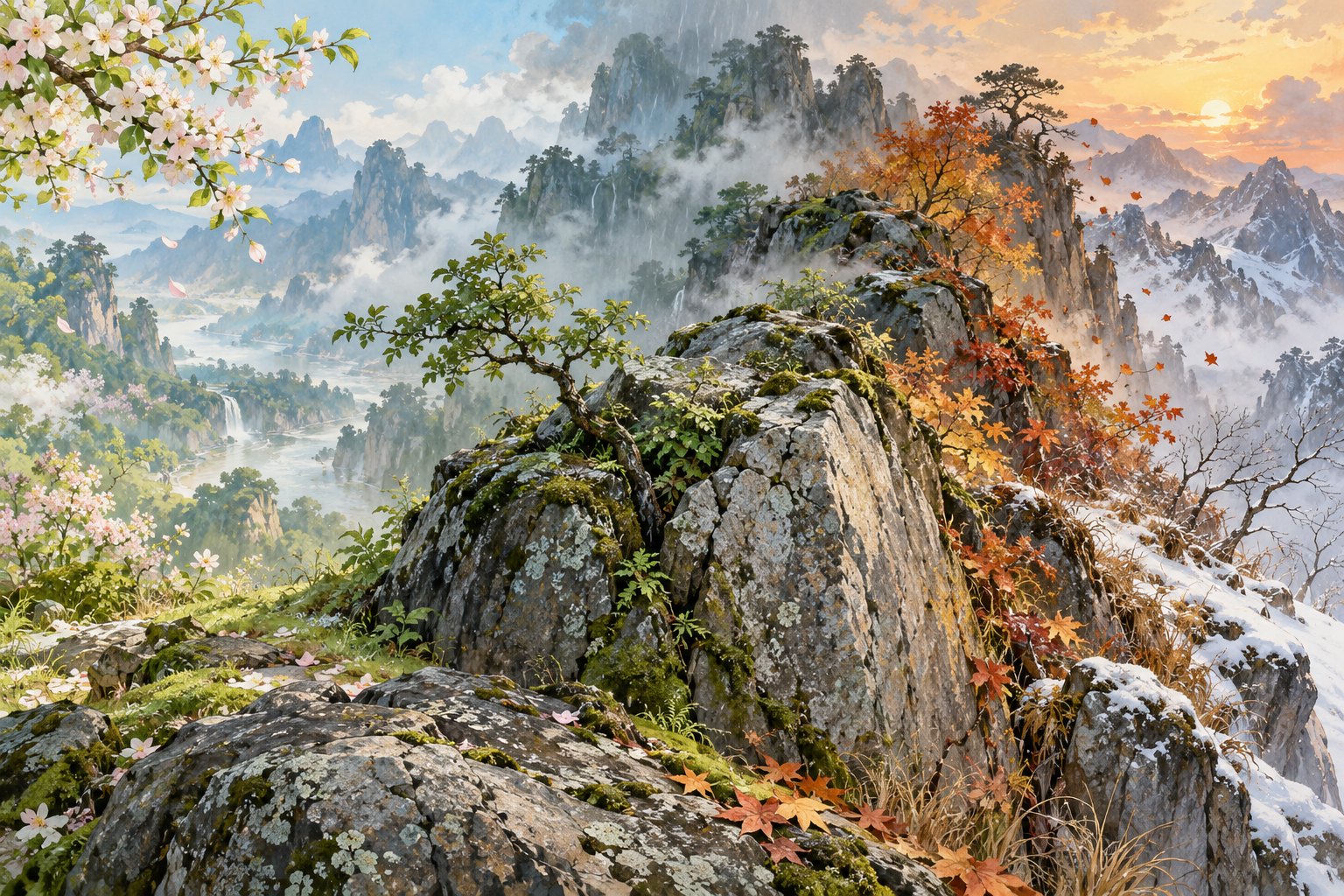 时间主题概念插画:山石与树木之间交织春花、青苔、秋叶和冬雪,非剧集官方画面