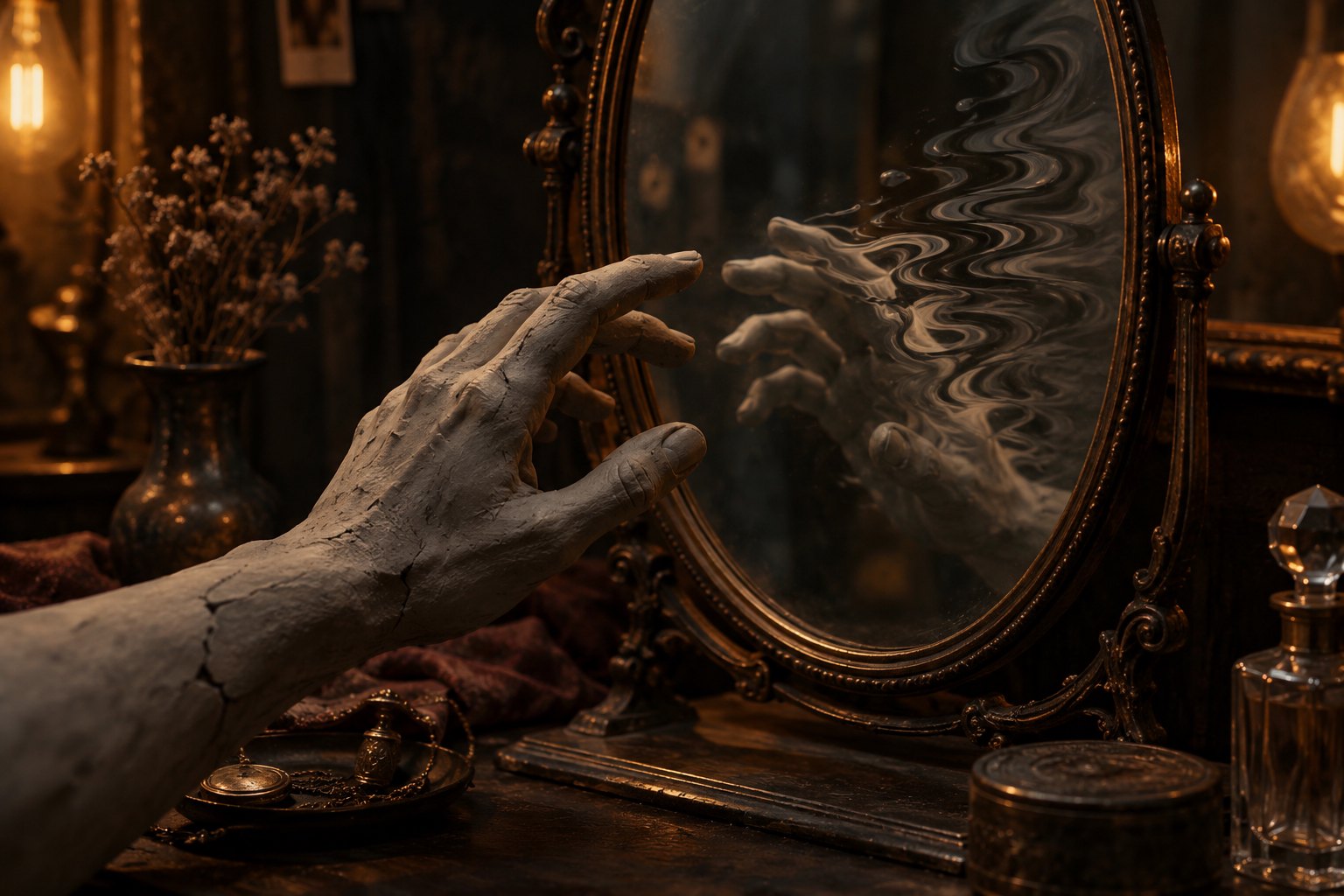 Conceptual illustration of a clay hand reaching toward a mirror that reflects it as distorted ripples.