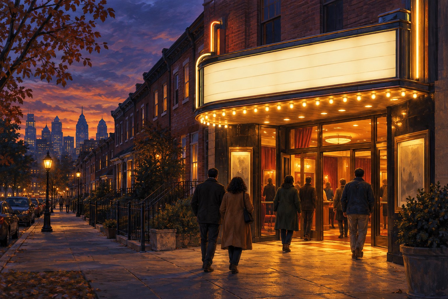 Editorial illustration of moviegoers approaching a warmly lit neighborhood cinema beside Philadelphia-style brick row houses at dusk.