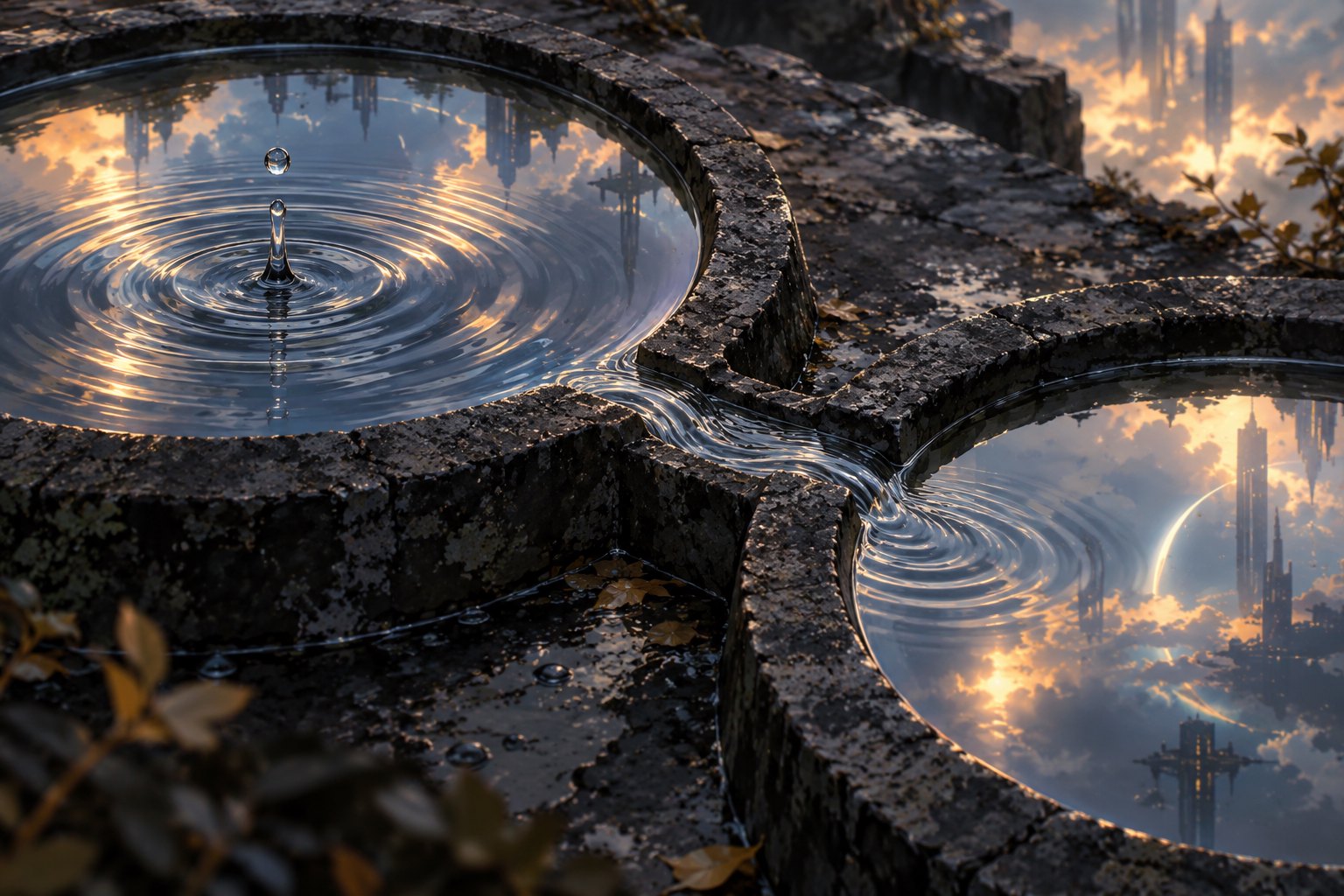 Conceptual illustration of ripples spreading between two connected stone pools beneath reflections of a futuristic sky.