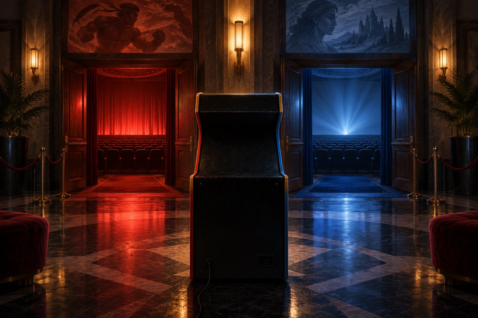 An arcade cabinet stands between red-lit and blue-lit cinema entrances beneath illustrated movie murals.