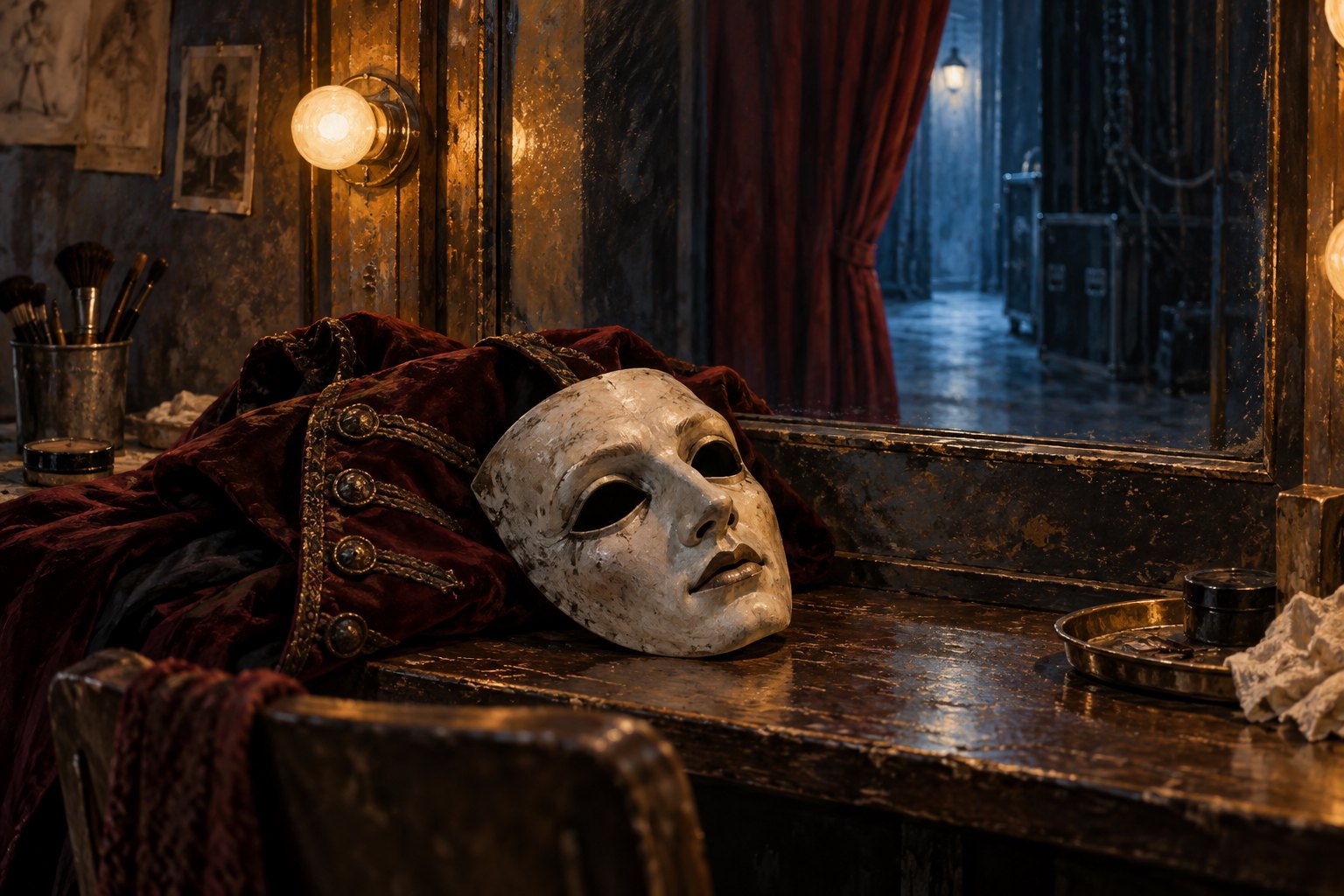 Conceptual illustration of a theatrical mask beside a burgundy costume on a dressing table, with a backstage corridor reflected in the mirror.