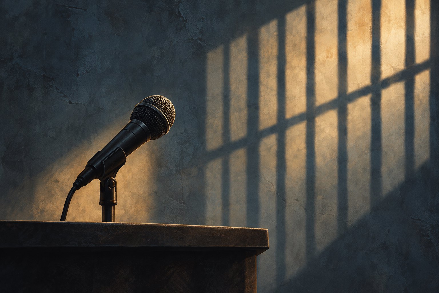 Conceptual editorial illustration of a microphone against a blue-gray wall crossed by barred-window shadows.