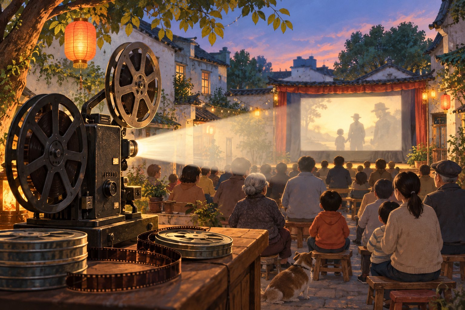 老式放映机的光束照向社区露天银幕,居民围坐观看的主题插画,非活动现场