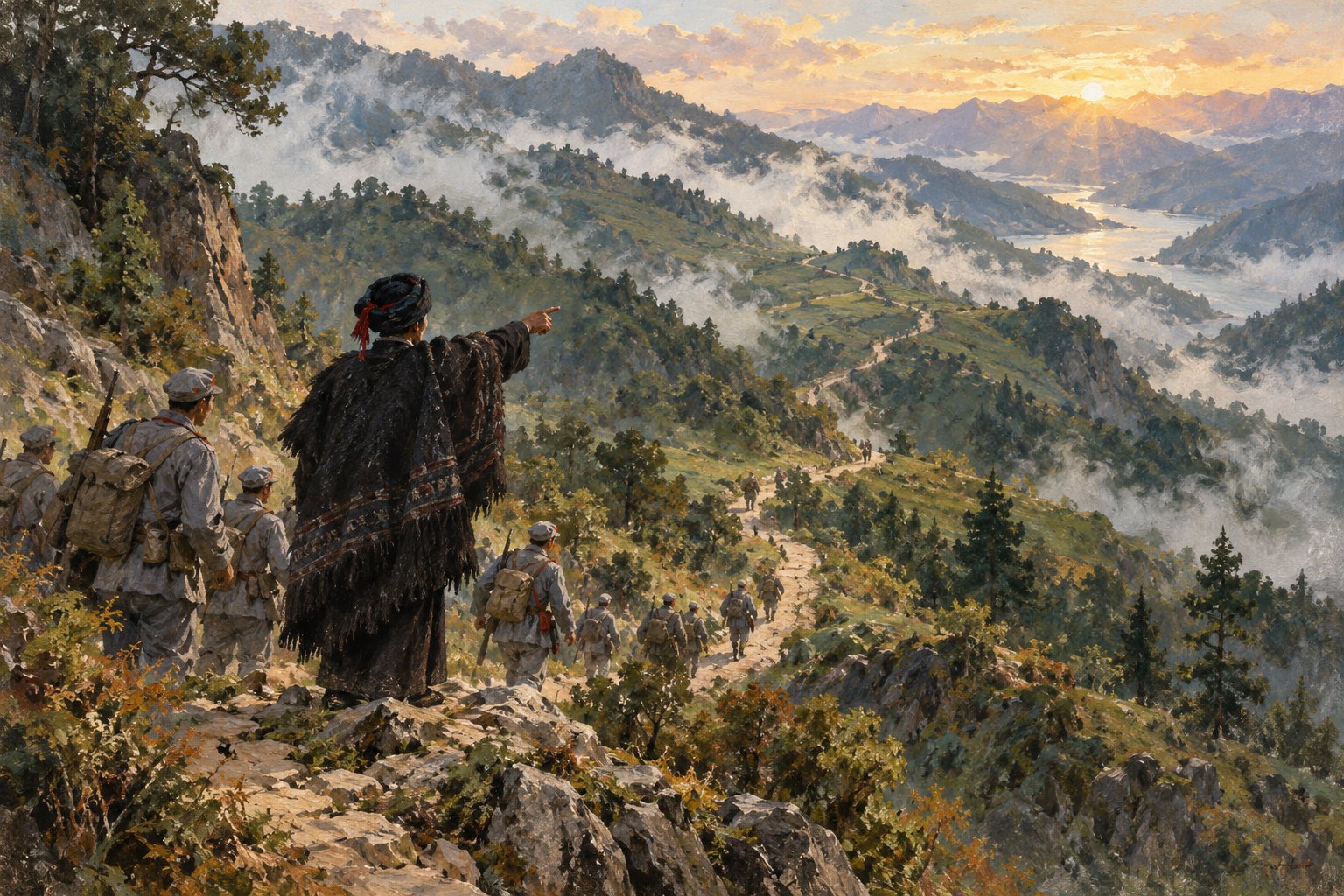 同行主题插画:彝族引路人在山路前方指引方向,背着行囊的红军队伍沿山坡前行