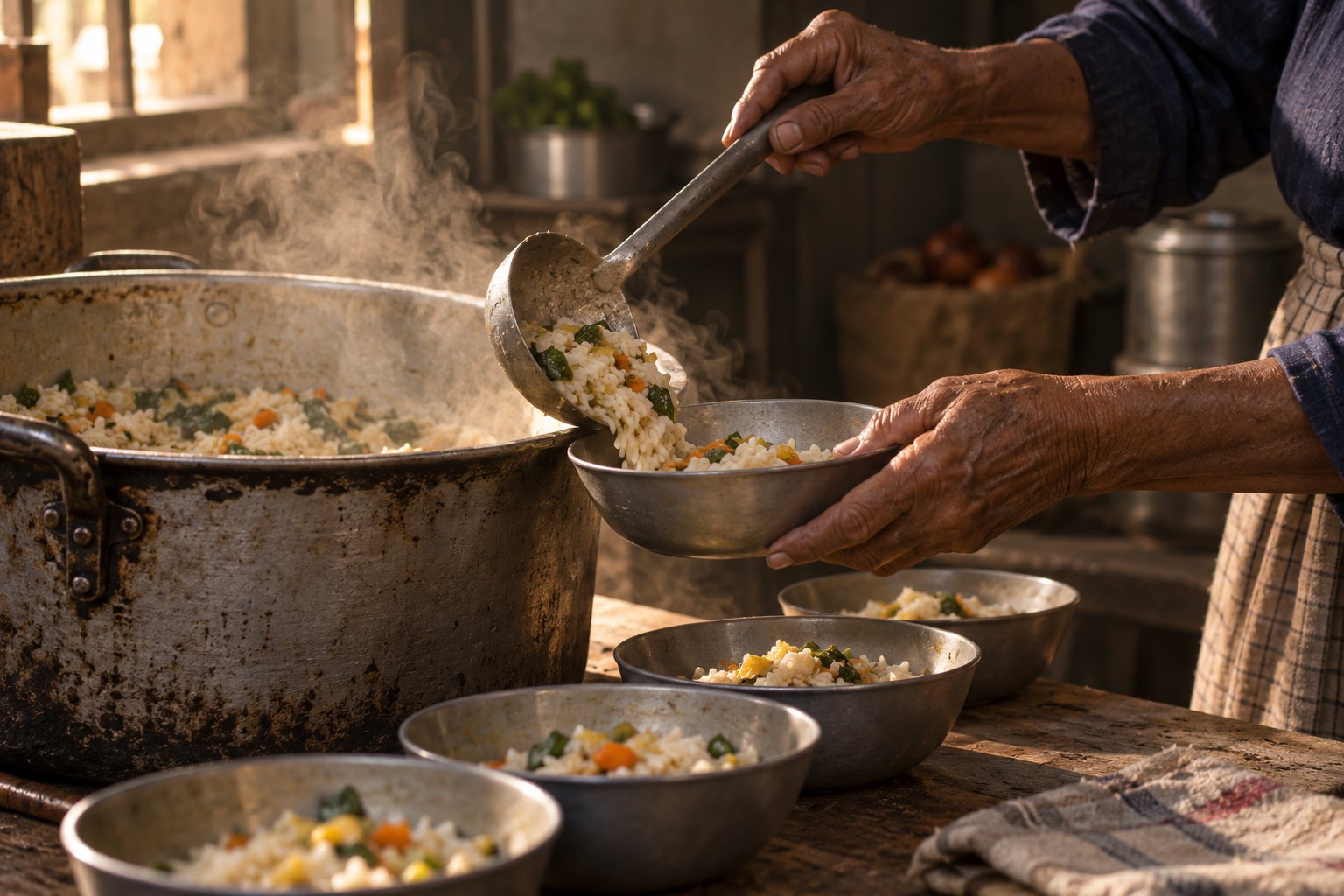 Conceptual illustration of an older woman's hands serving rice from a large cooking pot into metal bowls in a sunlit kitchen.