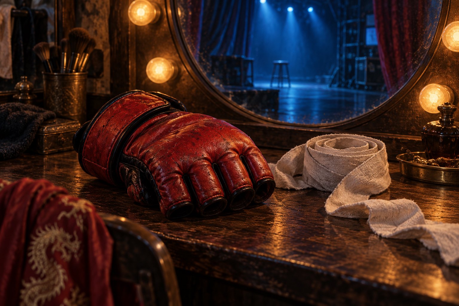 Conceptual illustration of red fighting gloves and white hand wraps on a dressing table beside a mirror reflecting a blue-lit stage.