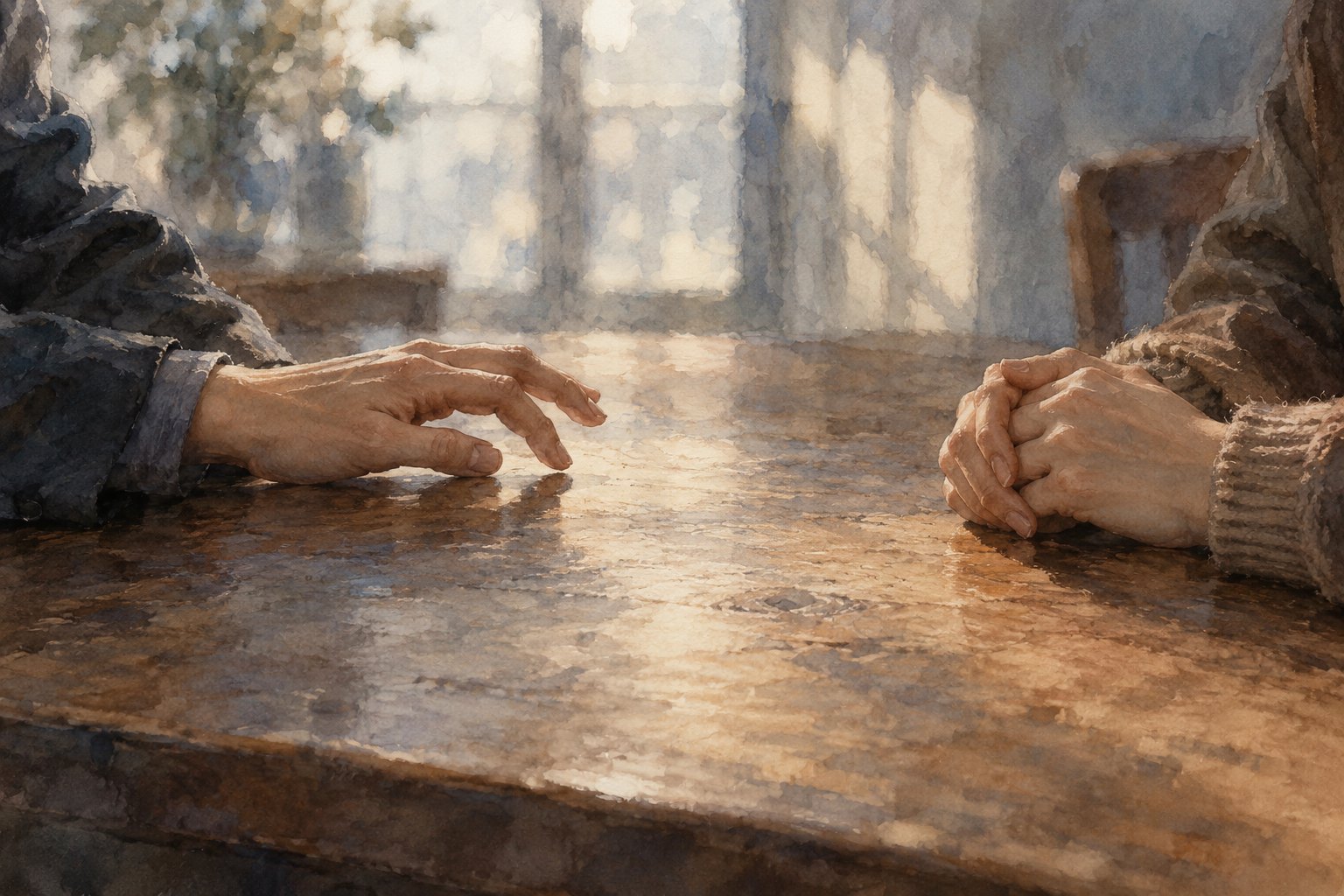 人物关系概念插画:木桌两端,一只手试探着伸出,对面双手交握,彼此之间留着空隙