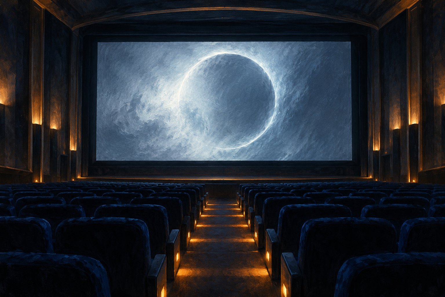 Conceptual illustration of an empty movie theater facing a luminous blue screen with an abstract circular opening.