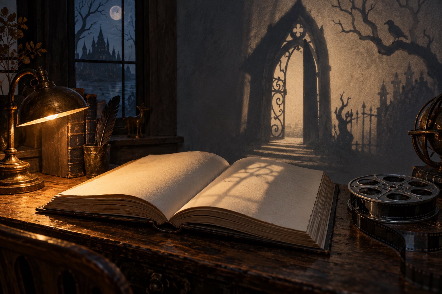 An open blank book and film reels on a wooden desk beneath the shadow of a Gothic doorway.