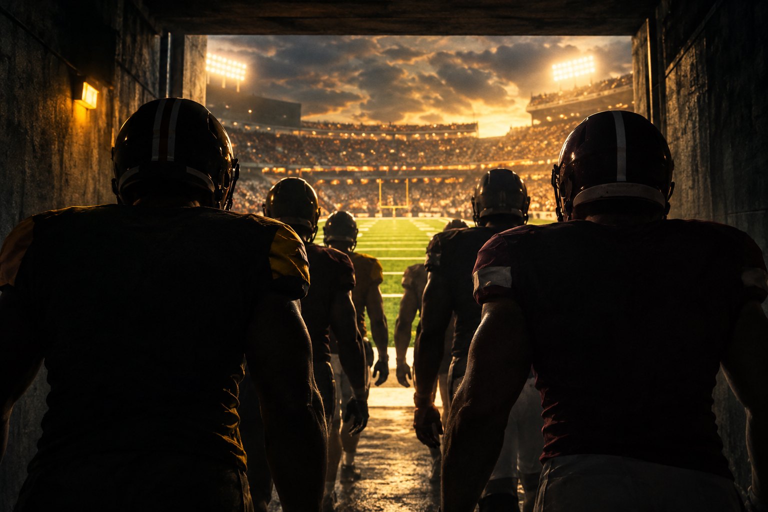 Conceptual illustration of anonymous football players emerging from a dark stadium tunnel toward a brightly lit field.