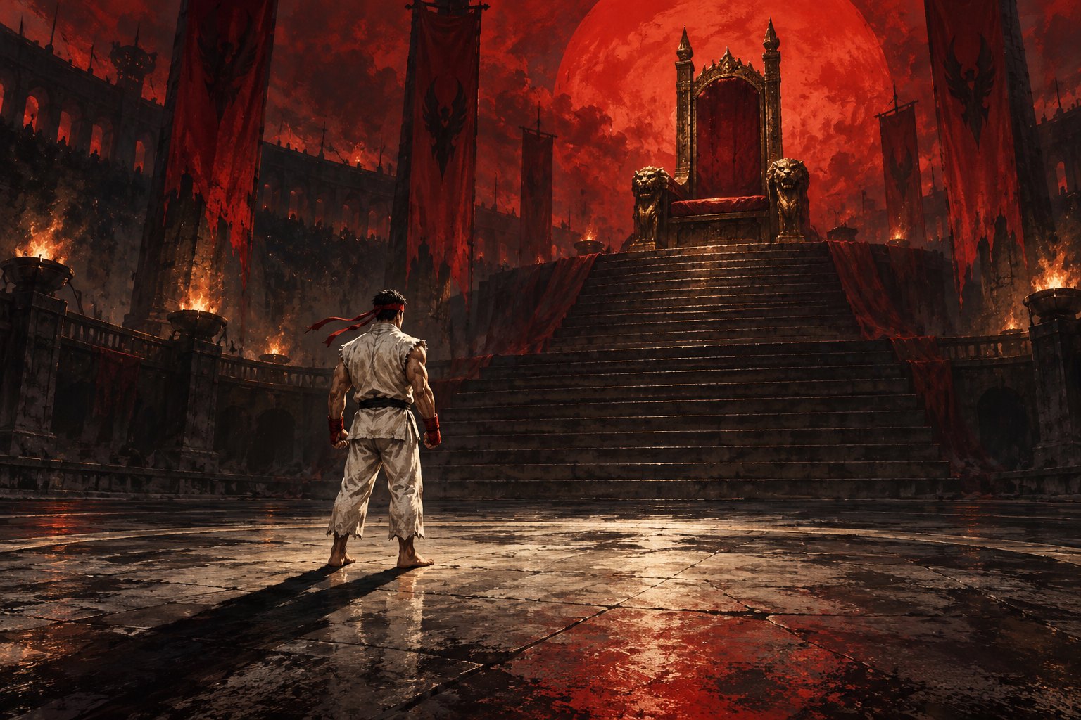 Conceptual illustration of a martial artist in a white uniform facing an elevated crimson throne in a dark arena.