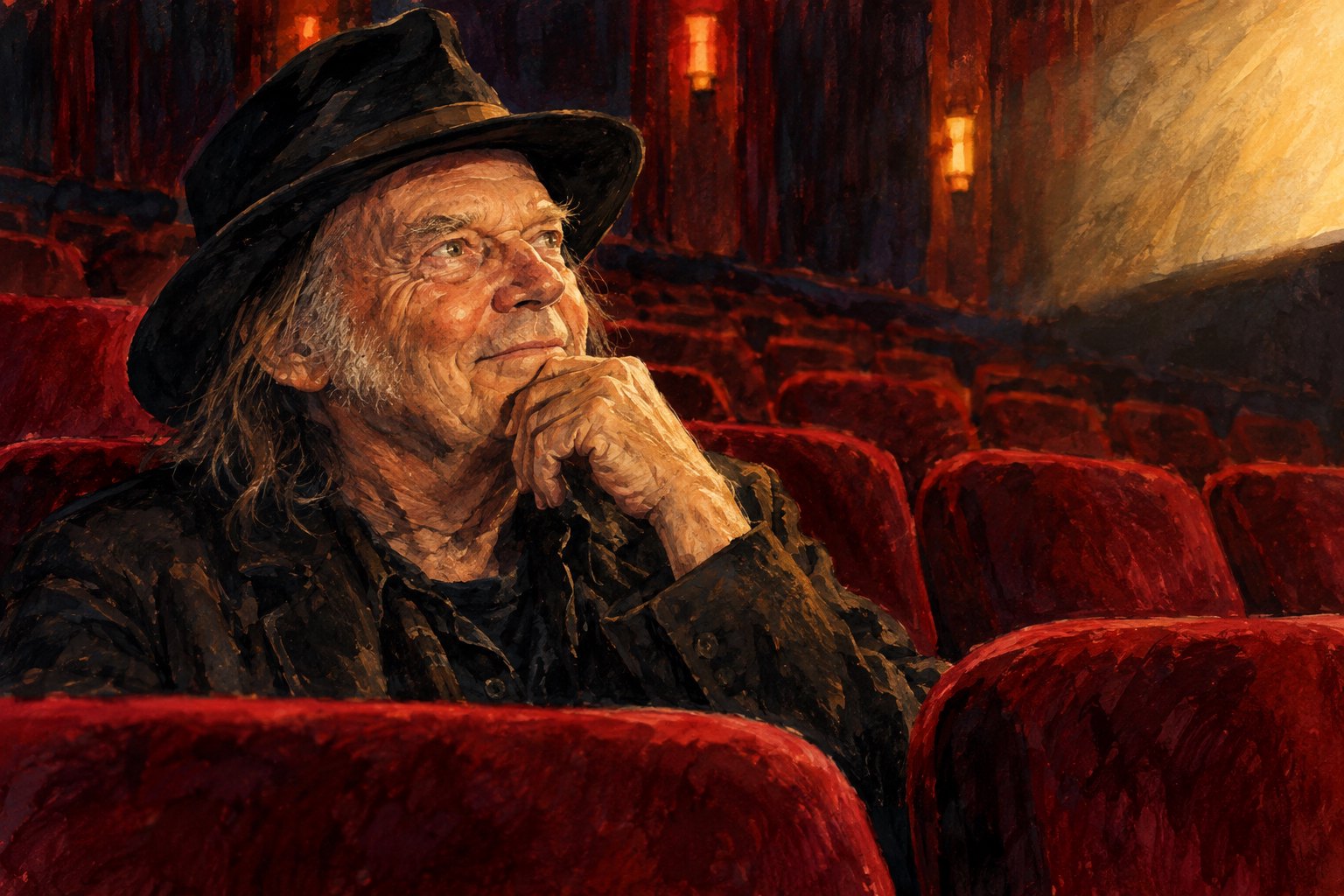 Conceptual illustration of Neil Young wearing a dark hat in a red-seated cinema, his face illuminated by warm screen light.