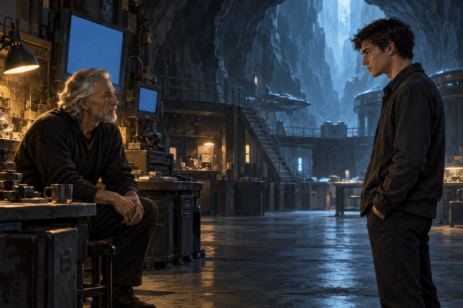 Conceptual illustration of an elderly mentor and a young man facing each other in a cavernous underground workshop.
