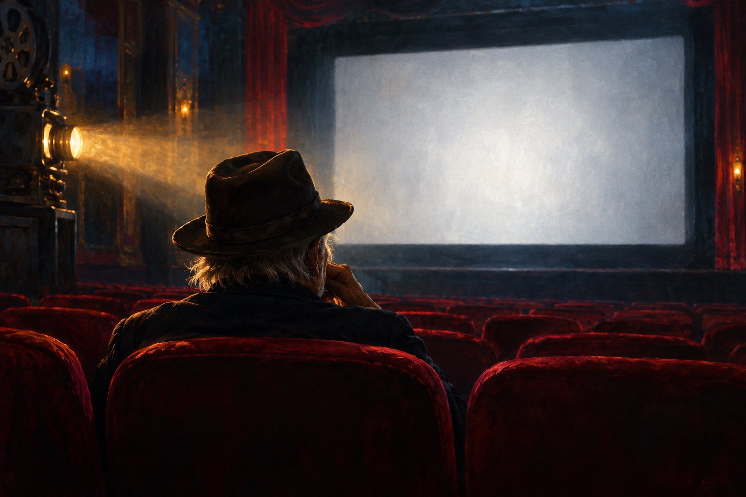 Conceptual illustration of an older viewer in a dark hat facing a glowing movie screen from a red theater seat.