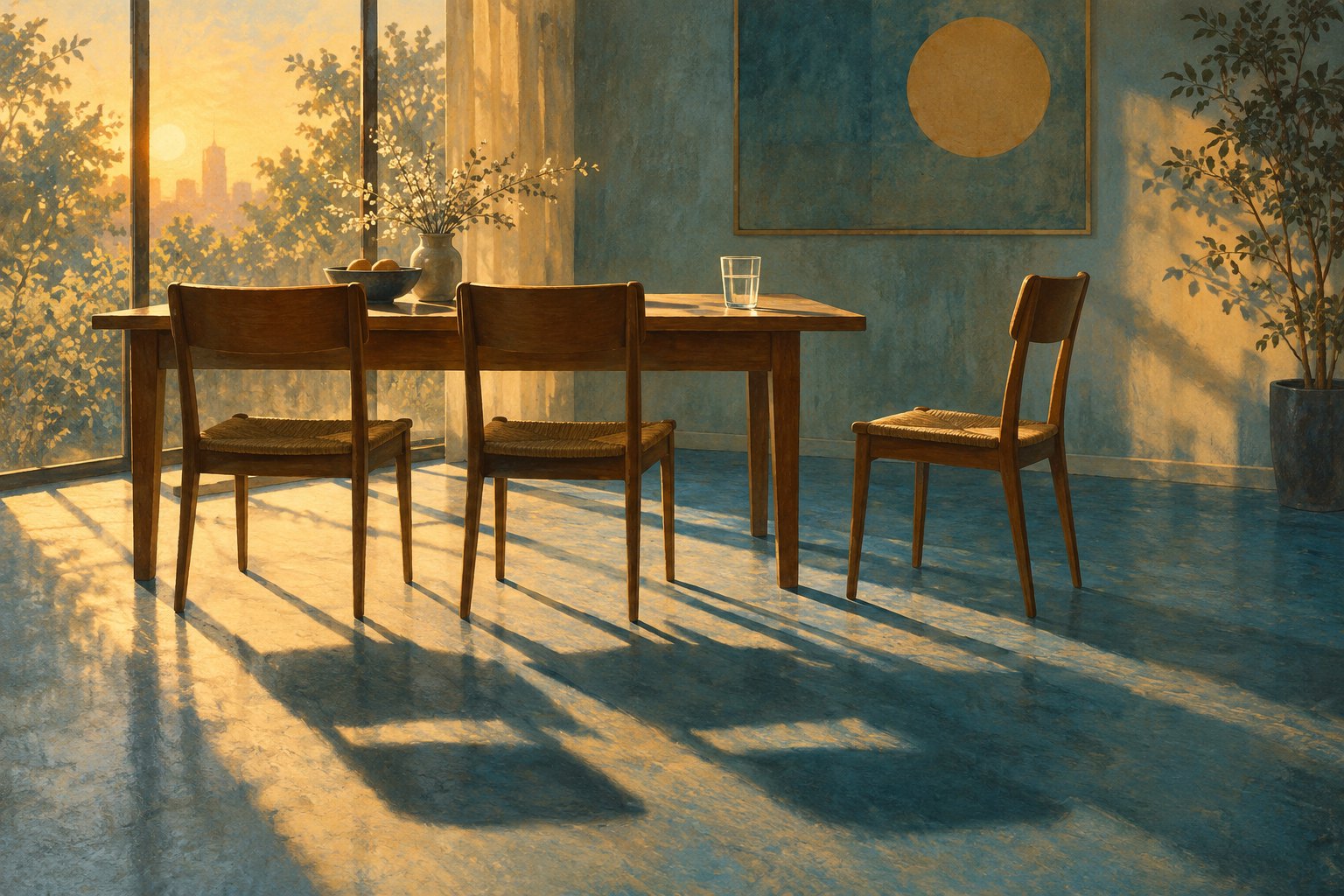 Conceptual illustration of three empty chairs around a dining table, with one set apart in warm afternoon light.