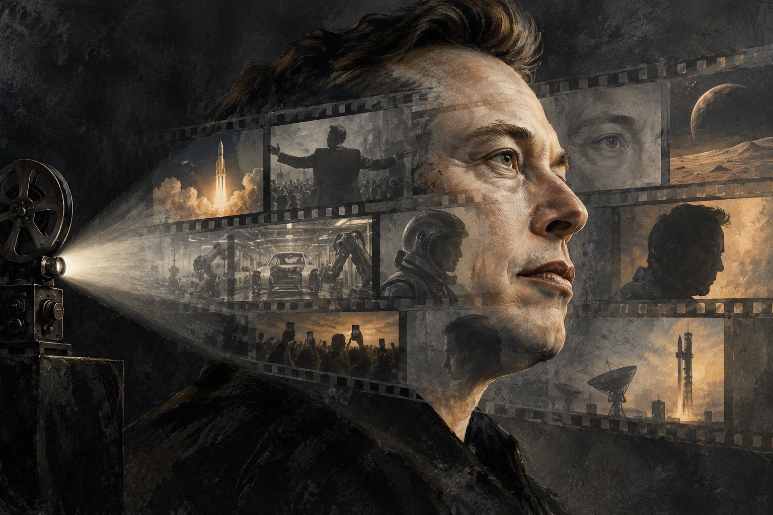 Conceptual illustration of Elon Musk in profile overlaid with film frames and illuminated by a movie projector.