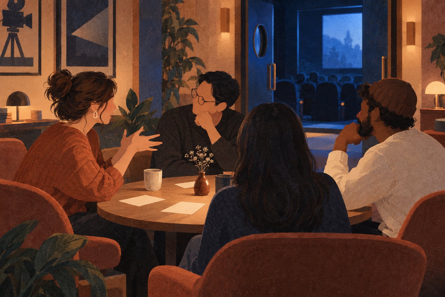 四位观众在影院休息区围桌交流观影感受的概念插画