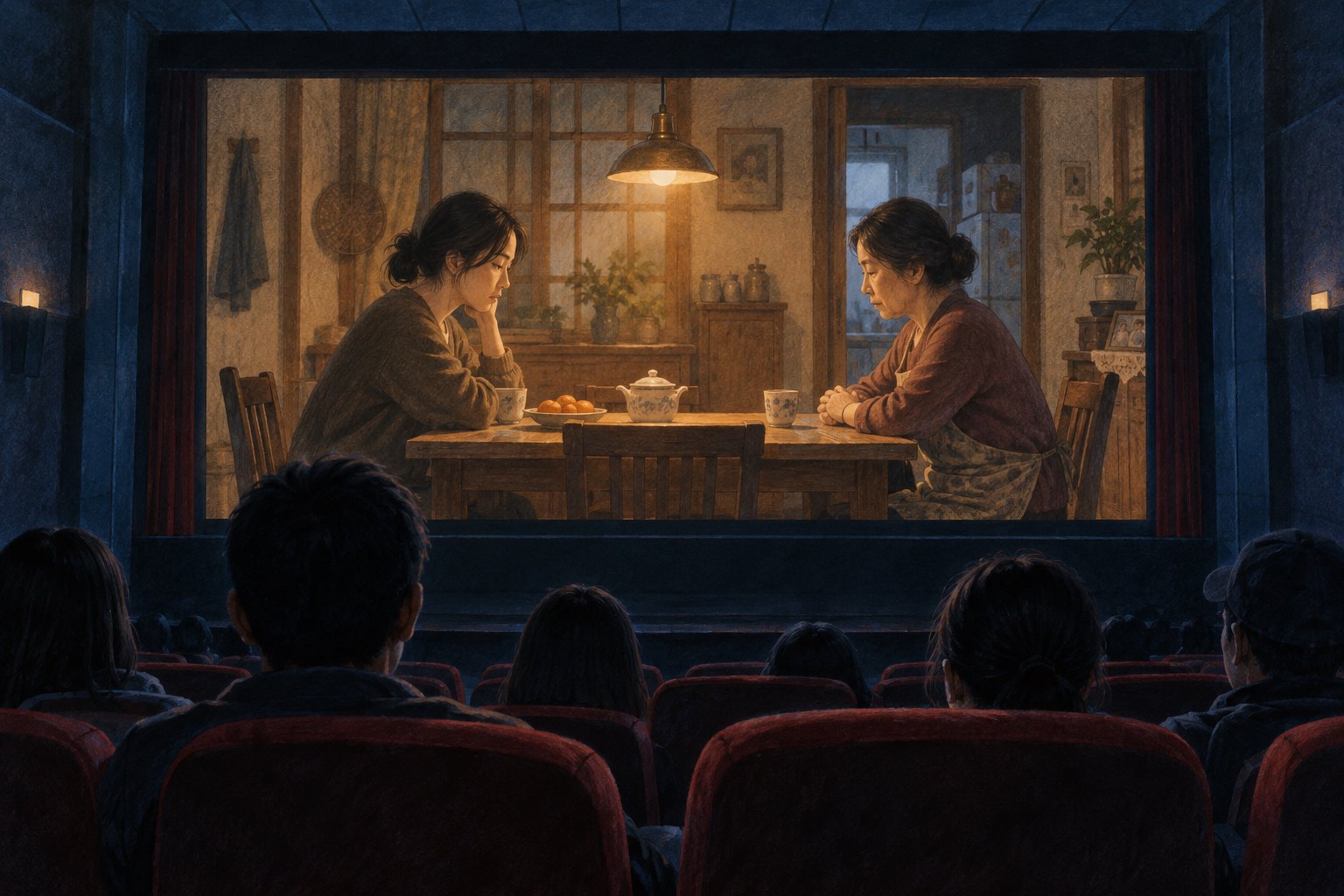 原创插画:木桌旁,长者将热汤推向对面,对方的手停在桌边,呈现尚未回应的情感