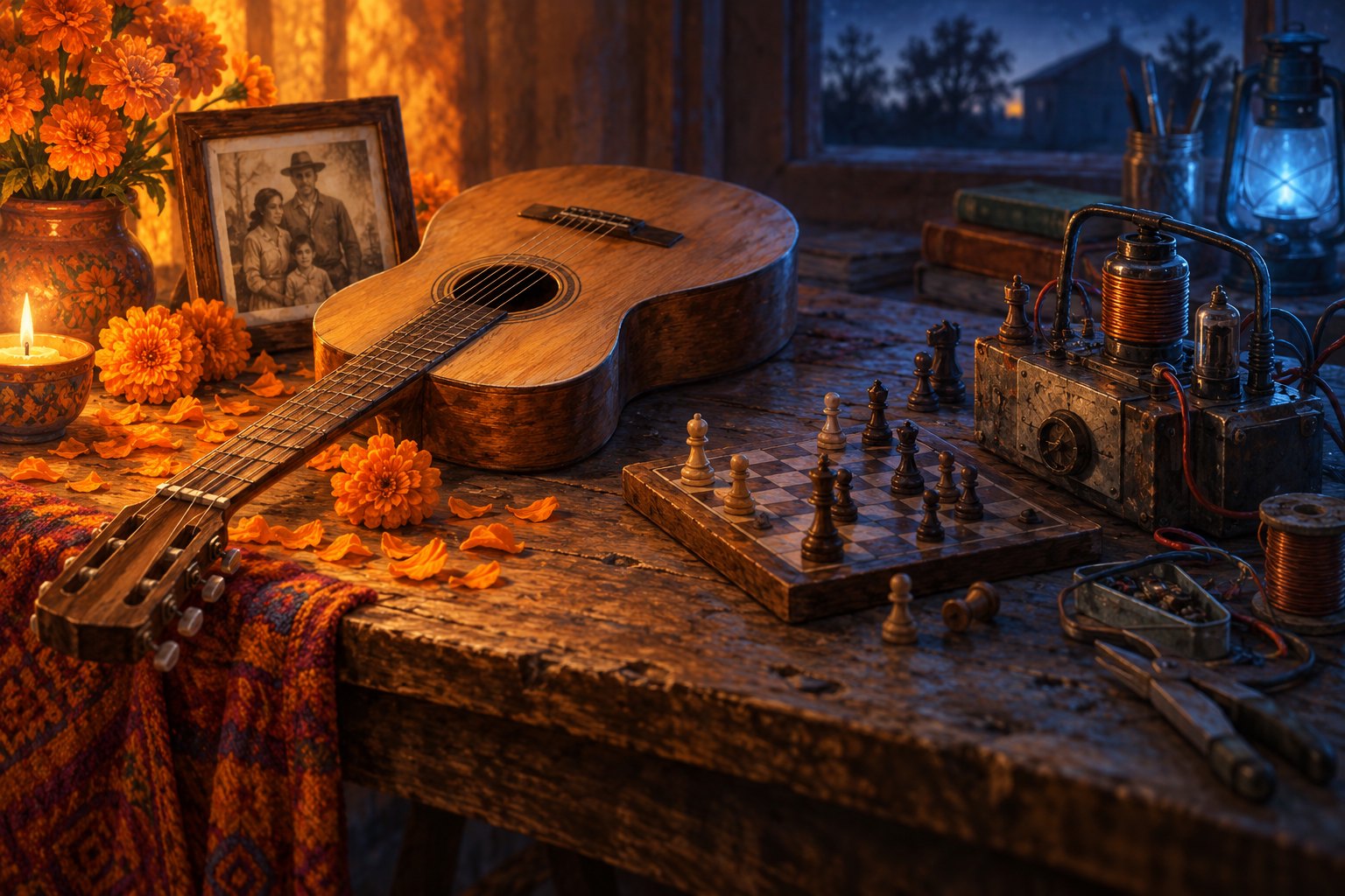 A symbolic still life pairs a guitar, marigolds, and a family photograph with a chessboard and vintage electronics.