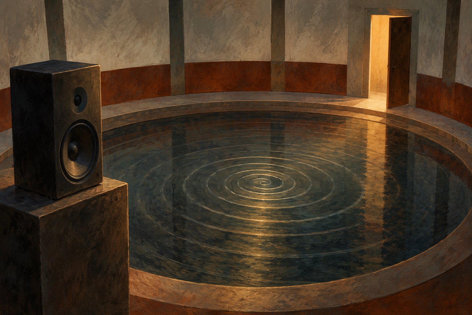 Conceptual illustration of a speaker beside rippling water in a circular room with warm light entering through an open door.