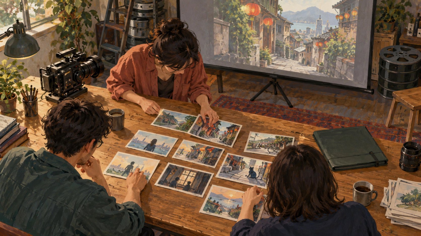 電影工作者圍桌討論分鏡,背景銀幕呈現臺灣街景的概念插畫,非實際合作案
